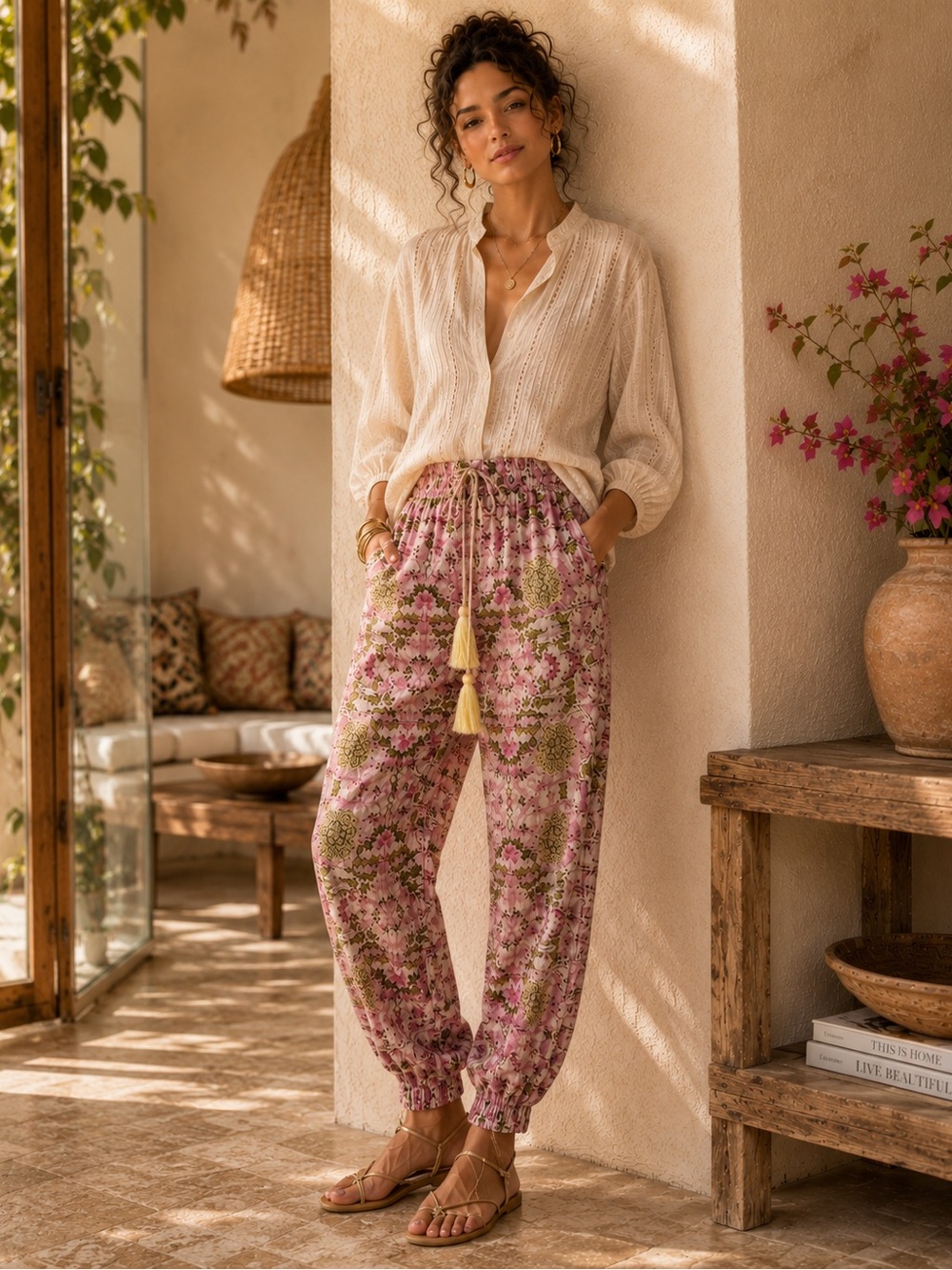 Hemant & Nandita Pink Boho Luxe XS Jogger Pants Metallic Festival Resort Chic
